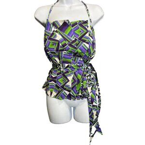 Bebe Silk Halter Top Sz M Y2K Multicolor Bandana Tie Waist Pleated Corset Glam